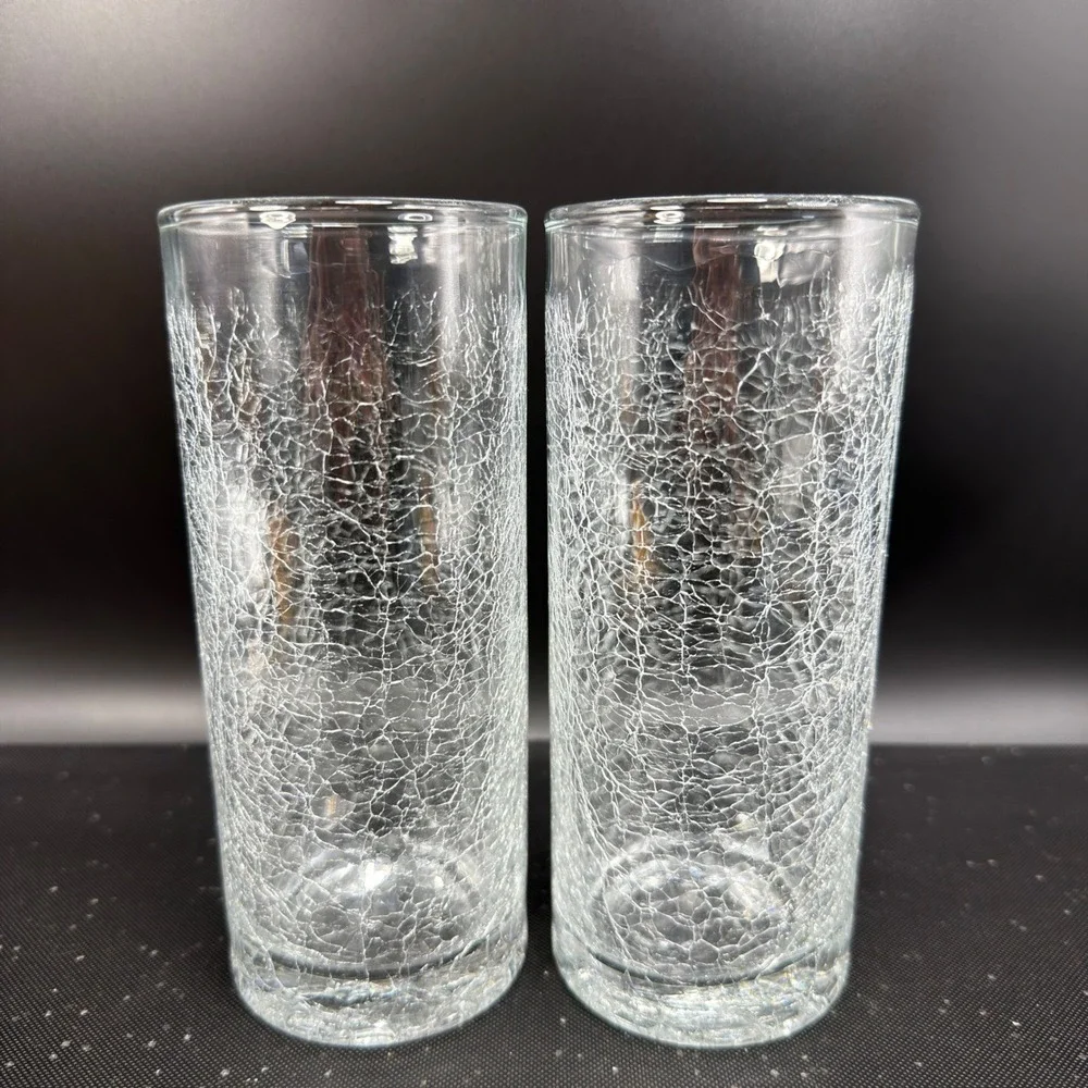 Pier 1 Crackle Glass Highball Tumblers Clear Set of 2 Cups Glasses Cups 6.25in